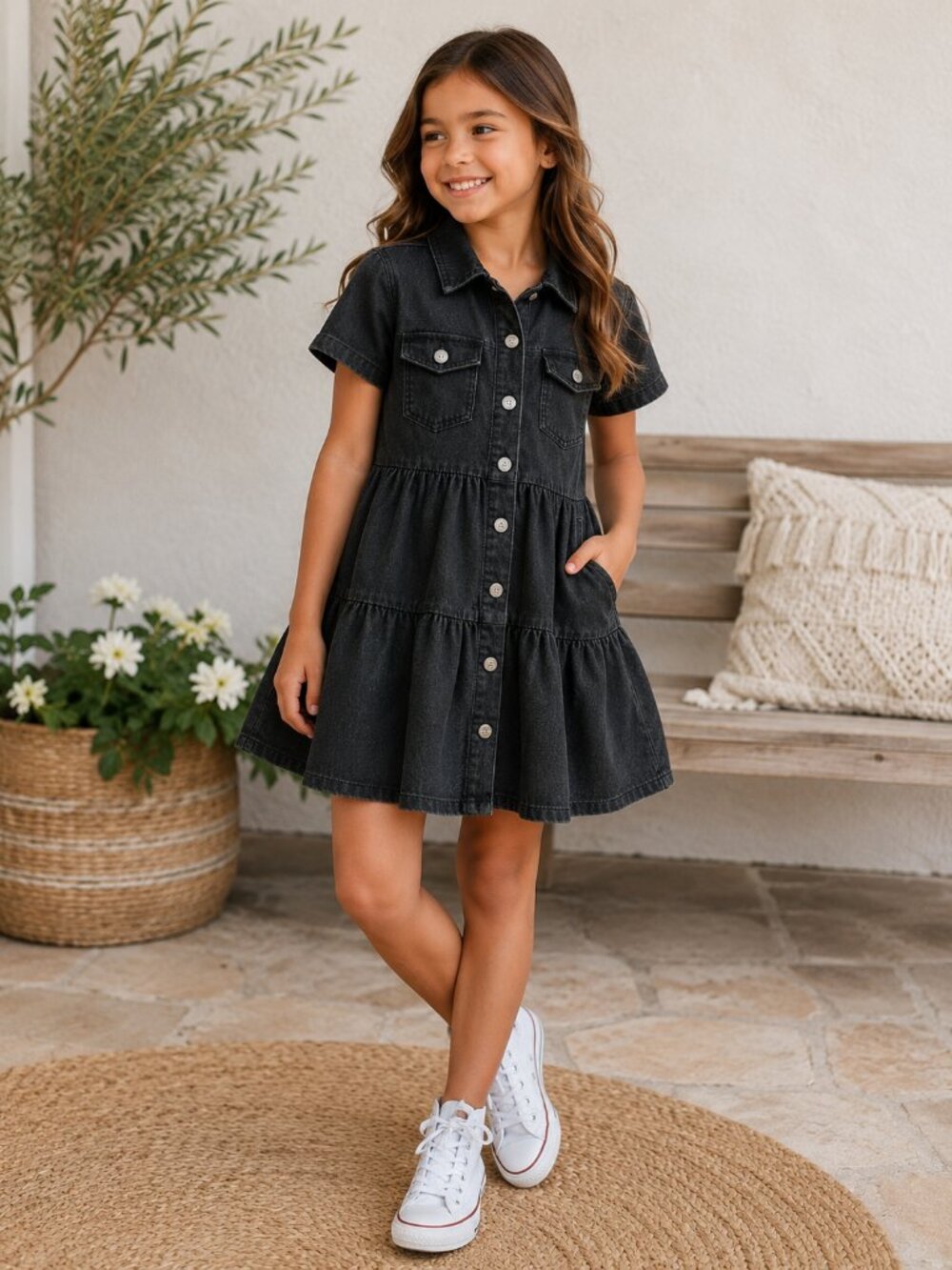 Love to Be Loved Girls Black Denim Dress Button Front Tiered Size 7